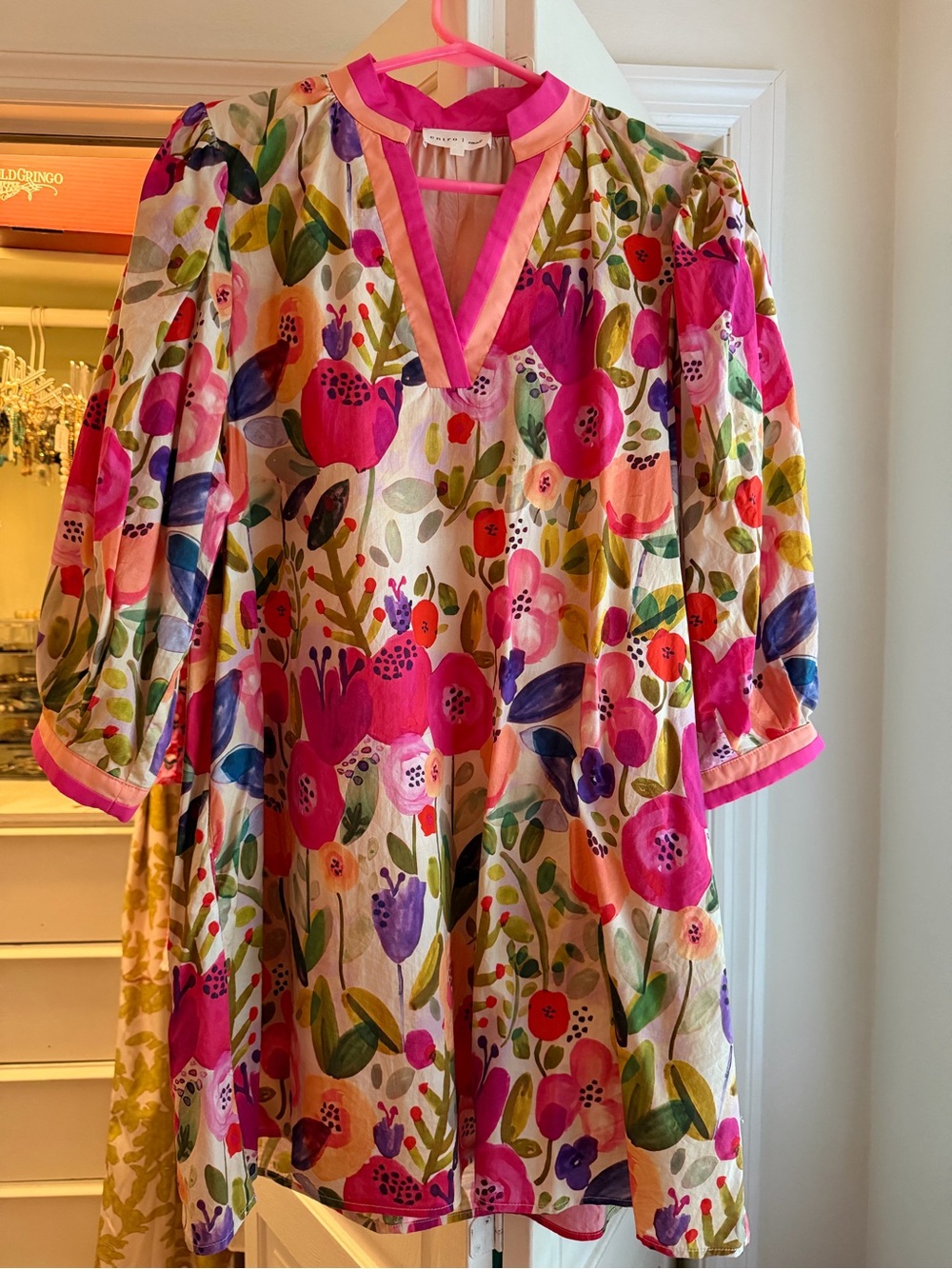 entro Pink Floral V-Neck Casual Tunic Dress